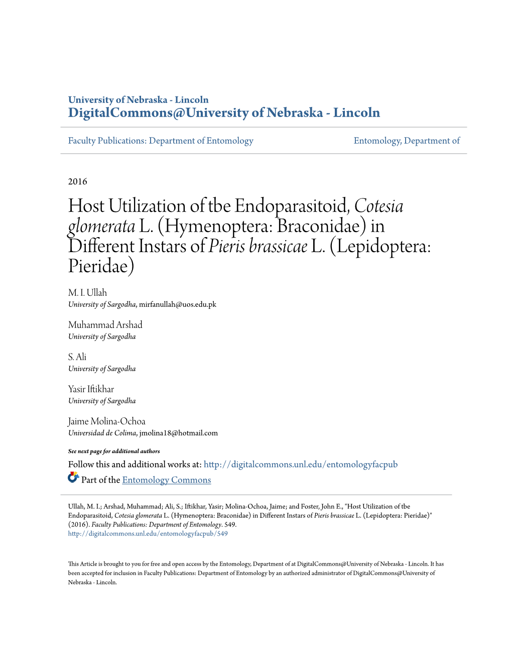 Hymenoptera: Braconidae) in Different Instars of Pieris Brassicae L