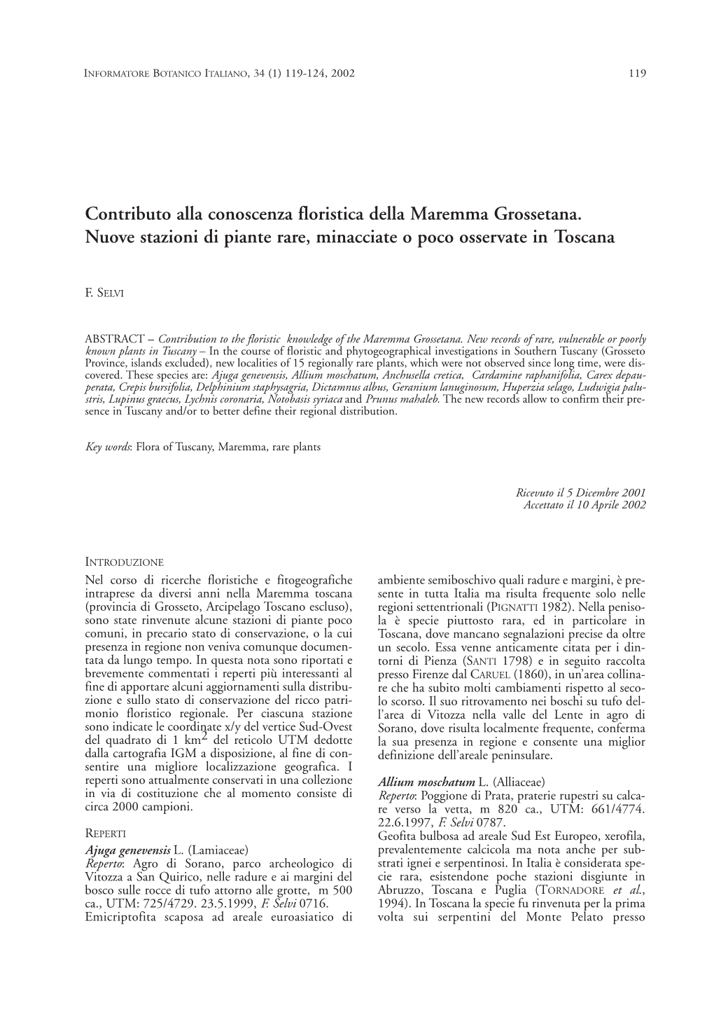 Contributo Alla Conoscenza Floristica Della Maremma Grossetana