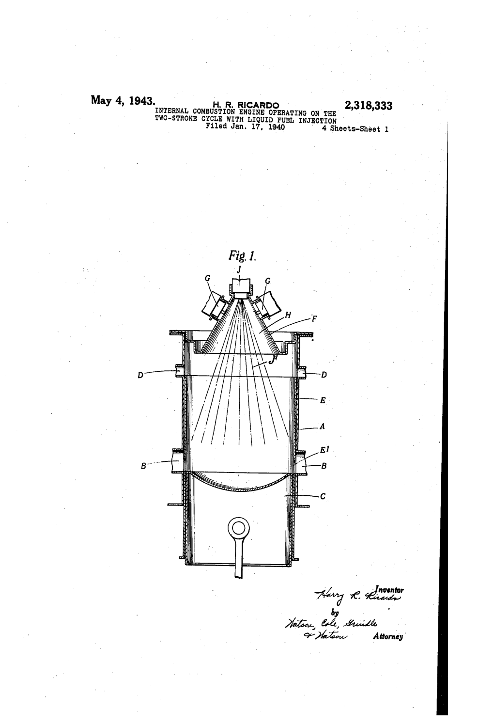 May 4, 1943. H. R. RICARDO 2,318,333 INTERNAL COMBUSTION ENGINE OPERATING on the - TWO-STROKE CYCLE with LIQUID FUEL Injection Filed Jan