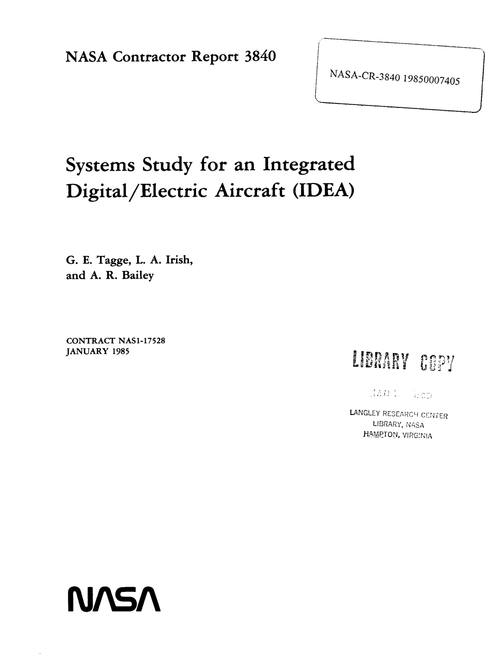 Systems Study for an Integrated Digital/Electric Aircraft (IDEA)