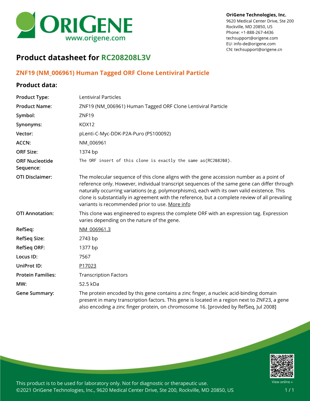 ZNF19 (NM 006961) Human Tagged ORF Clone Lentiviral Particle Product Data