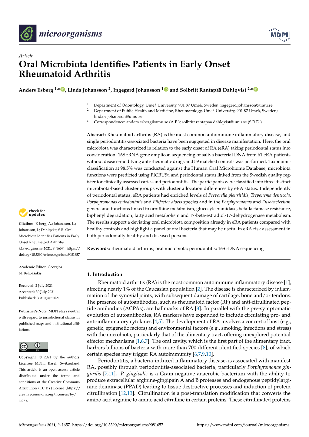 Oral Microbiota Identifies Patients in Early Onset Rheumatoid Arthritis