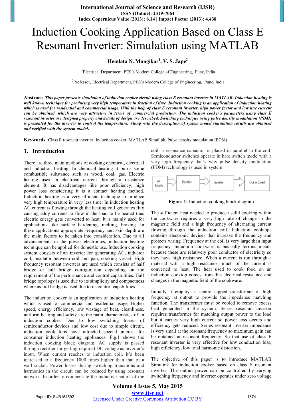 Induction Cooking Application Based on Class E Resonant Inverter: Simulation Using MATLAB