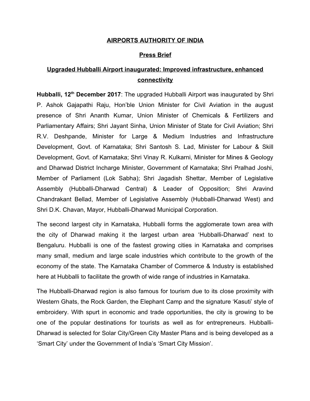 AIRPORTS AUTHORITY of INDIA Press Brief Upgraded Hubballi