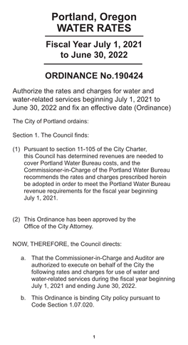 Portland, Oregon WATER RATES Fiscal Year July 1, 2021 to June 30, 2022