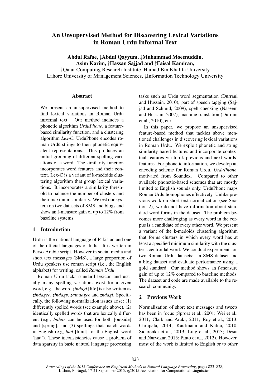 An Unsupervised Method for Discovering Lexical Variations in Roman Urdu Informal Text