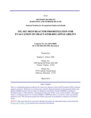 Inl Sec-00219 Reactor Prioritization for Evaluation of Oraut-Otib-0054 Applicability