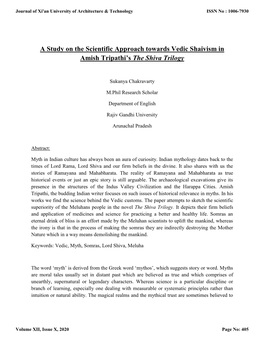 A Study on the Scientific Approach Towards Vedic Shaivism in Amish Tripathi's the Shiva Trilogy