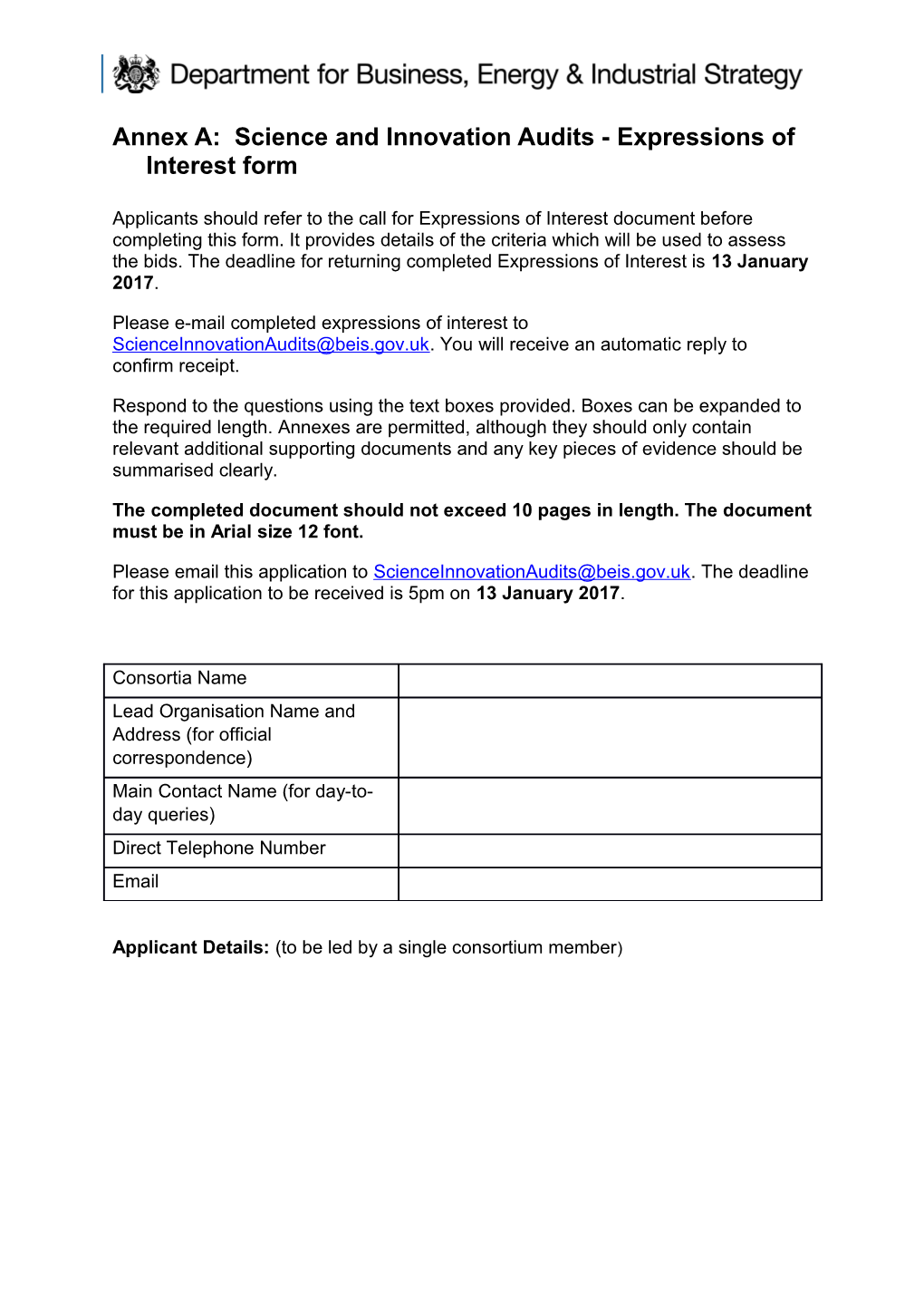 Annex A: Science and Innovation Audits - Expressions of Interest Form
