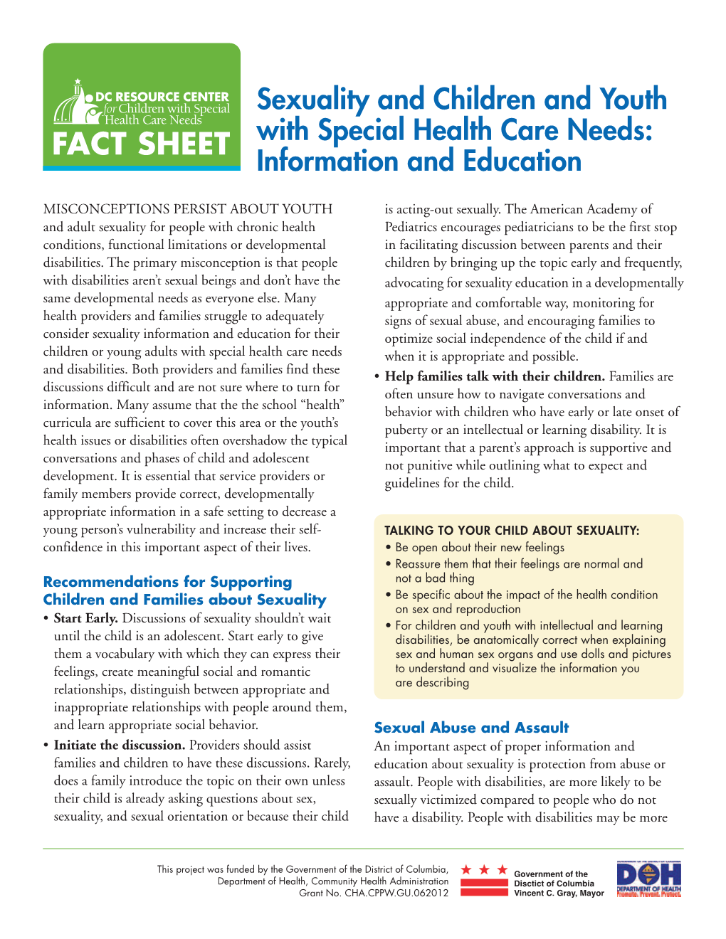 Sexuality and Children and Youth with Special Health Care Needs: Information and Education
