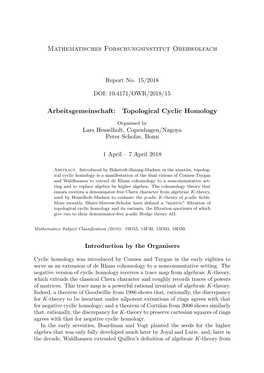 Mathematisches Forschungsinstitut Oberwolfach Arbeitsgemeinschaft: Topological Cyclic Homology