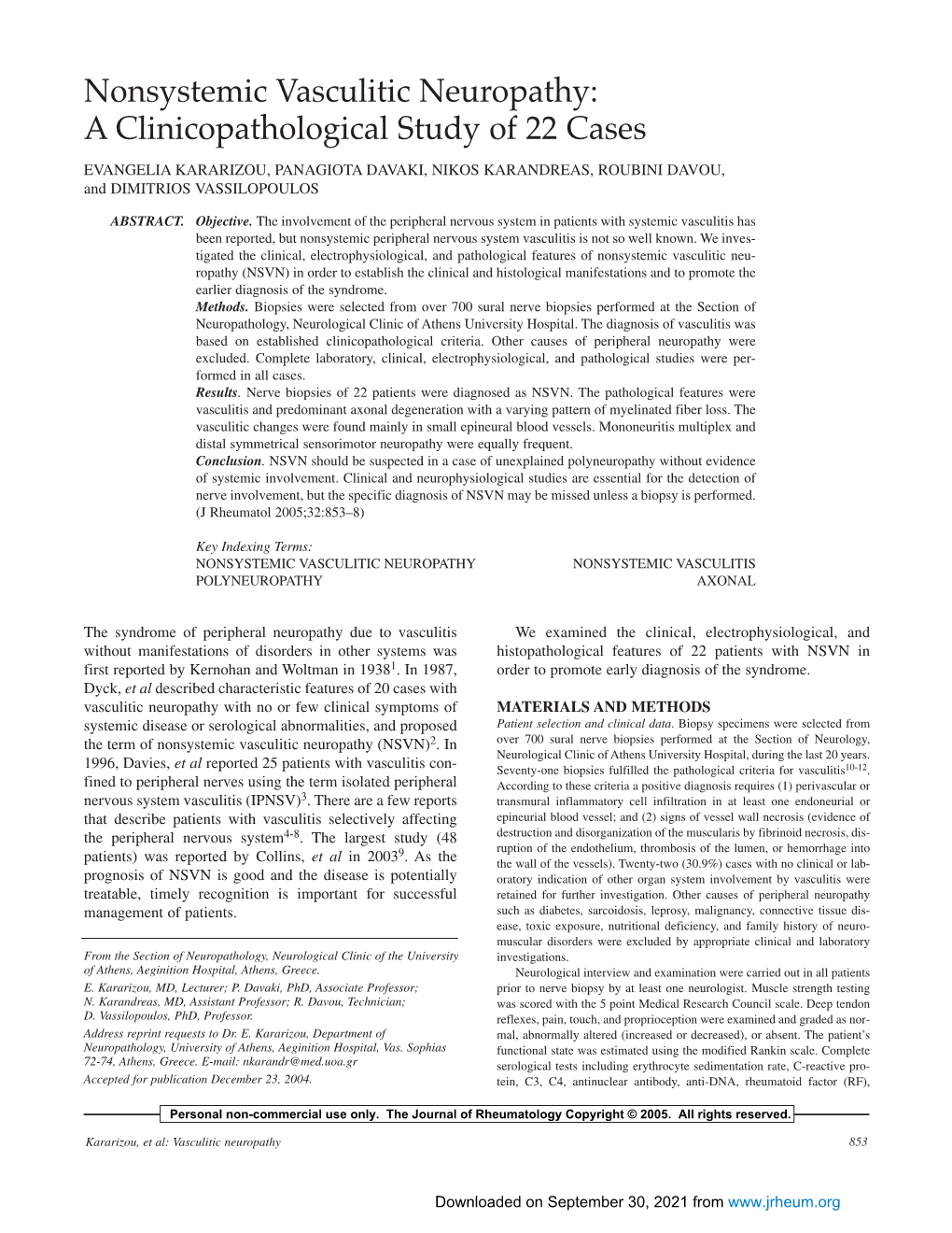 Nonsystemic Vasculitic Neuropathy: a Clinicopathological Study of 22 Cases