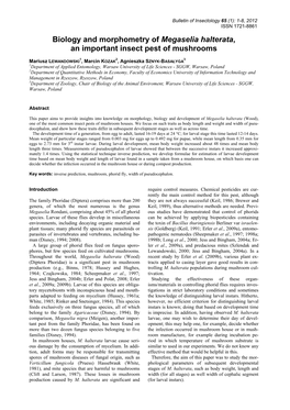 Biology and Morphometry of Megaselia Halterata, an Important Insect Pest of Mushrooms