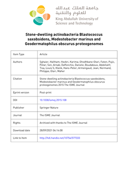 Stone-Dwelling Actinobacteria Blastococcus Saxobsidens, Modestobacter Marinus and Geodermatophilus Obscurus Proteogenomes