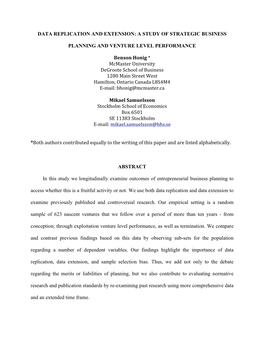 DATA REPLICATION and EXTENSION: a STUDY of STRATEGIC BUSINESS PLANNING and VENTURE LEVEL PERFORMANCE Benson Honig