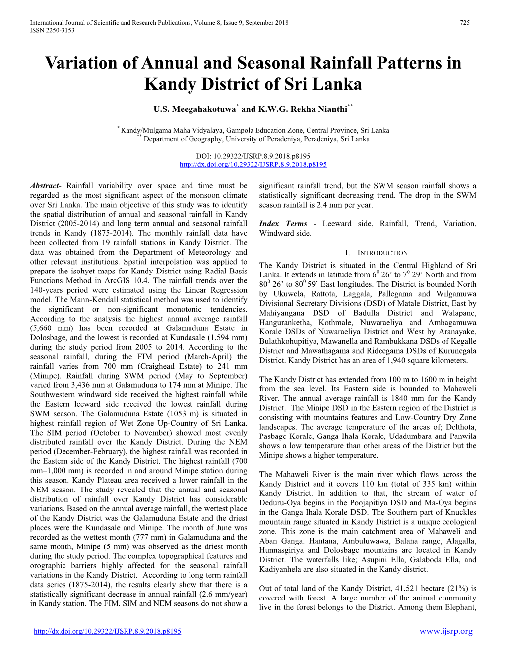 Variation of Annual and Seasonal Rainfall Patterns in Kandy District of Sri Lanka
