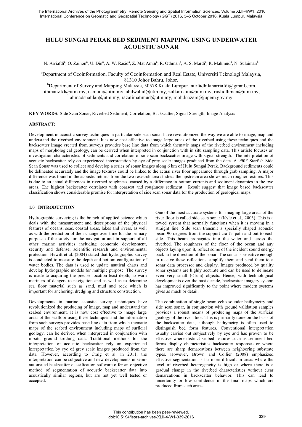 Hulu Sungai Perak Bed Sediment Mapping Using Underwater Acoustic Sonar