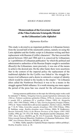 Memorandum of the Governor-General of the Vilna Gubernia Sviatopolk-Mirskii on the Lithuanian Latin Alphabet