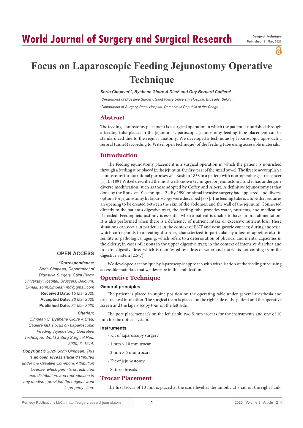 Focus on Laparoscopic Feeding Jejunostomy Operative Technique