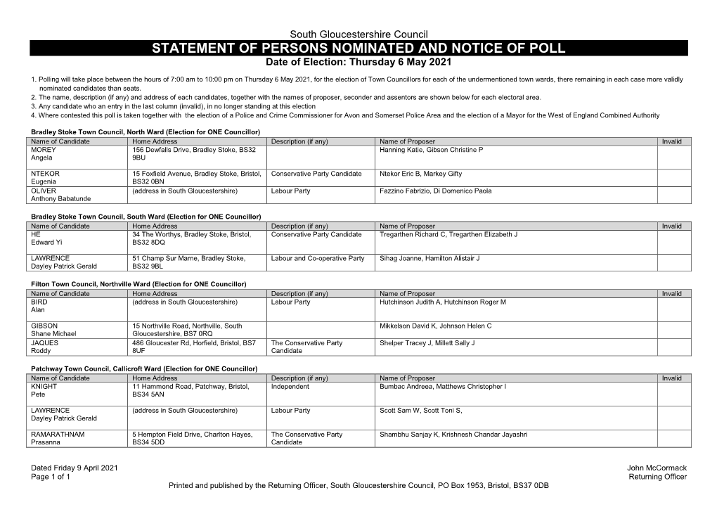 STATEMENT of PERSONS NOMINATED and NOTICE of POLL Date of Election: Thursday 6 May 2021