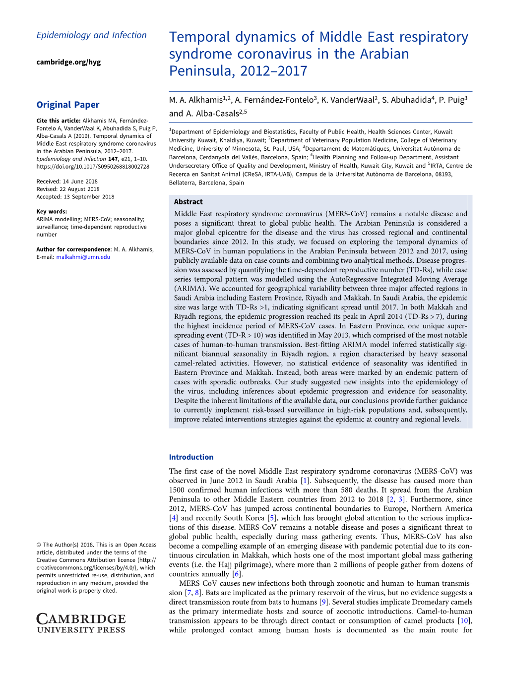 Temporal Dynamics of Middle East Respiratory Syndrome Coronavirus in the Arabian Cambridge.Org/Hyg Peninsula, 2012–2017