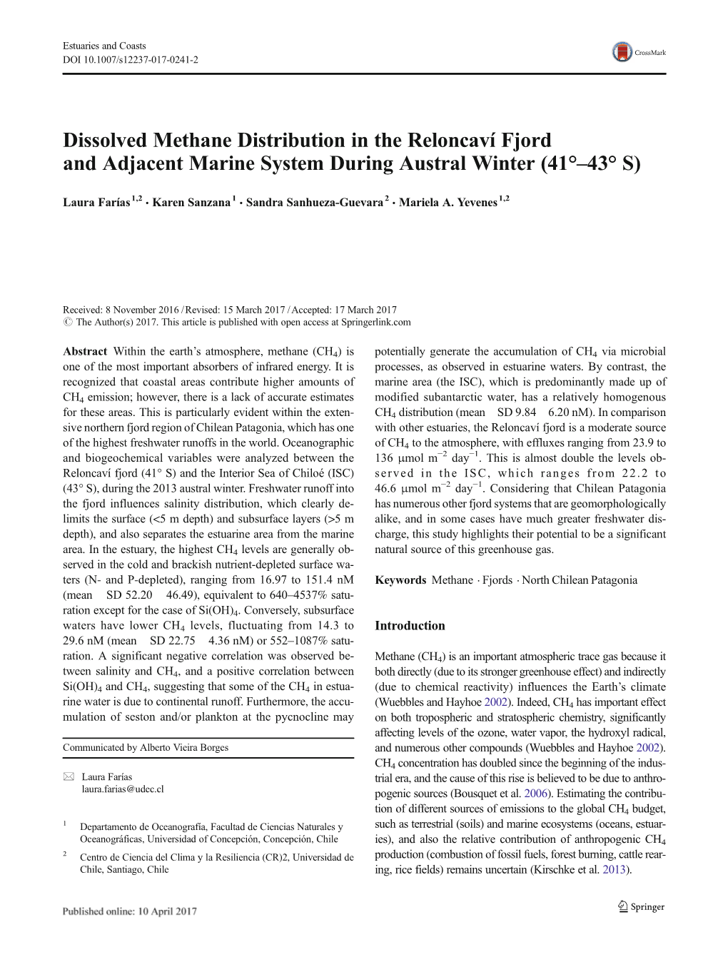 Dissolved Methane Distribution in the Reloncaví Fjord and Adjacent Marine System During Austral Winter (41°–43° S)