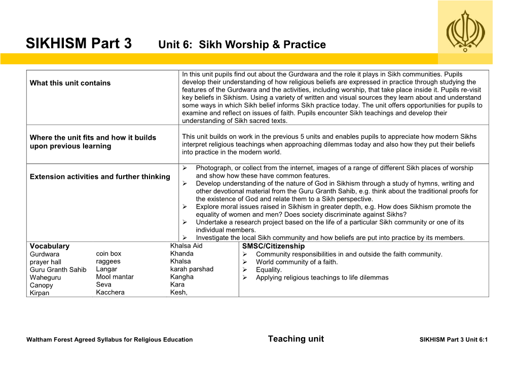 SIKHISM Part 3 Unit 6: Sikh Worship & Practice