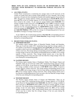 Brief Note on Live Storage Status of 128 Reservoirs in the Country (With Reference to Reservoir Storage Bulletin of 14.01.2021)