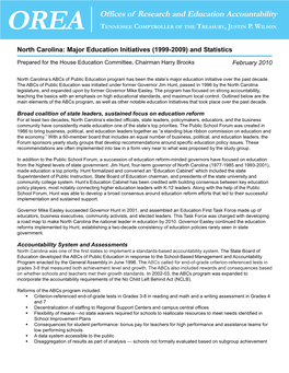 North Carolina: Major Education Initiatives (1999-2009) and Statistics