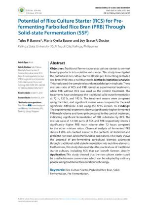 Potential of Rice Culture Starter (RCS) for Pre-Fermenting Parboiled Rice Bran (PRB) Through Solid-State Fermentation (SSF) 1