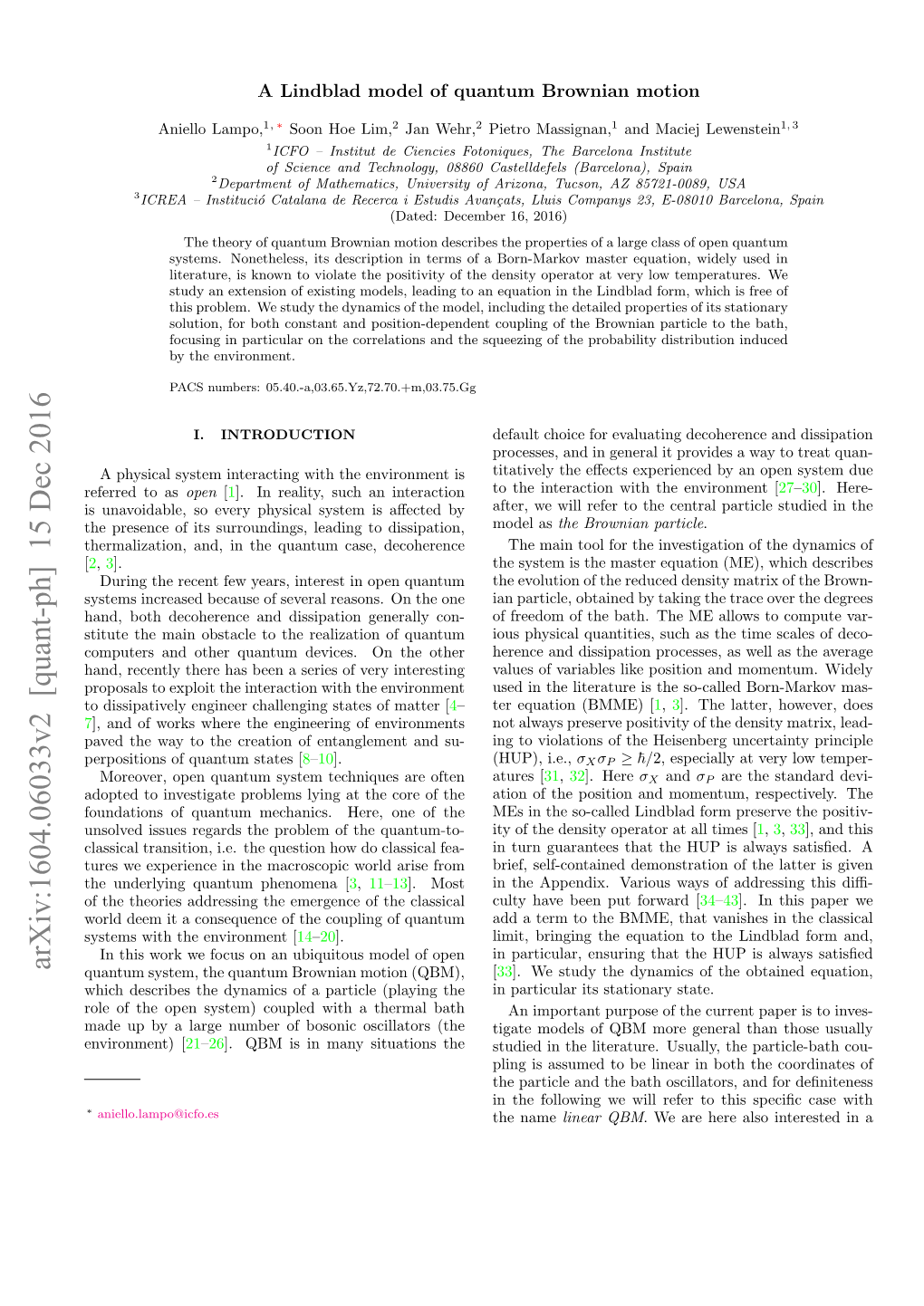 A Lindblad Model of Quantum Brownian Motion