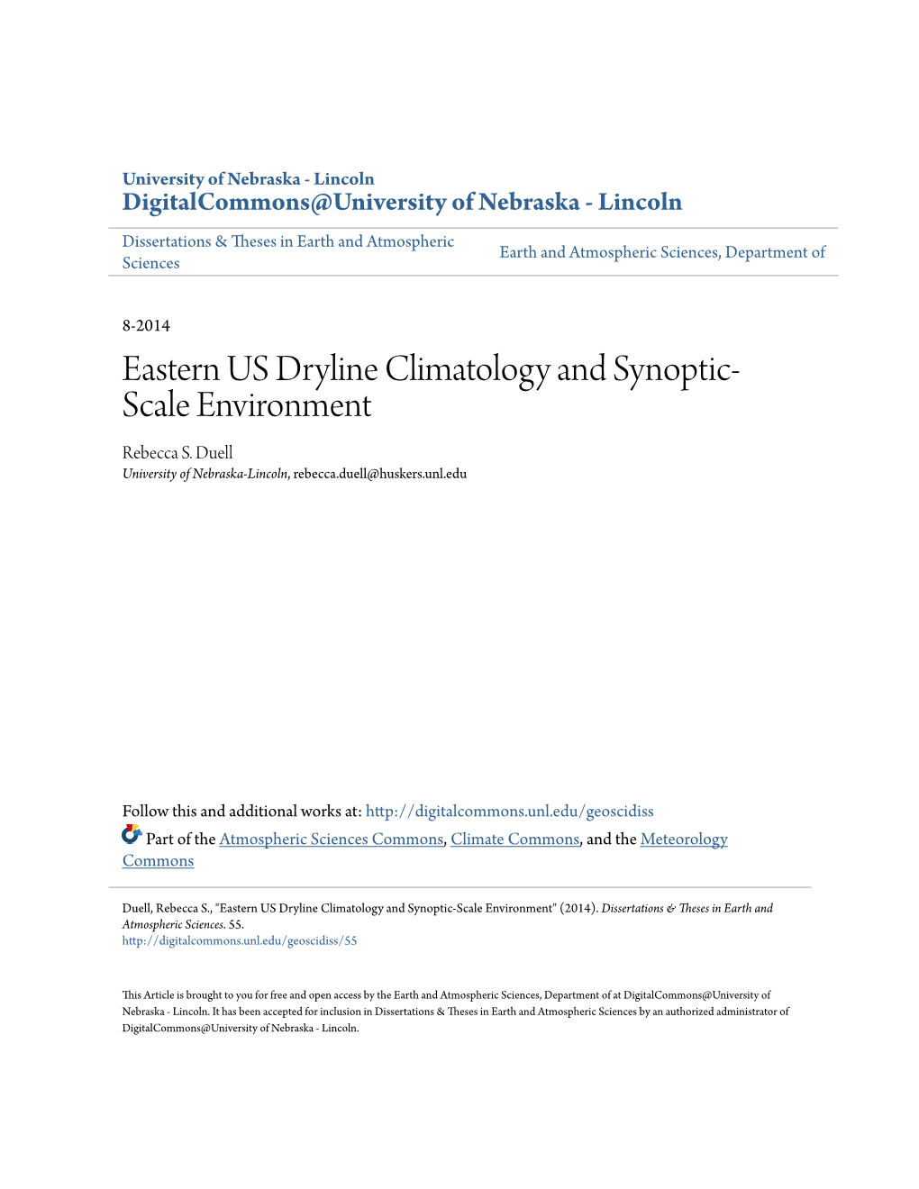 Eastern US Dryline Climatology and Synoptic-Scale Environment" (2014)