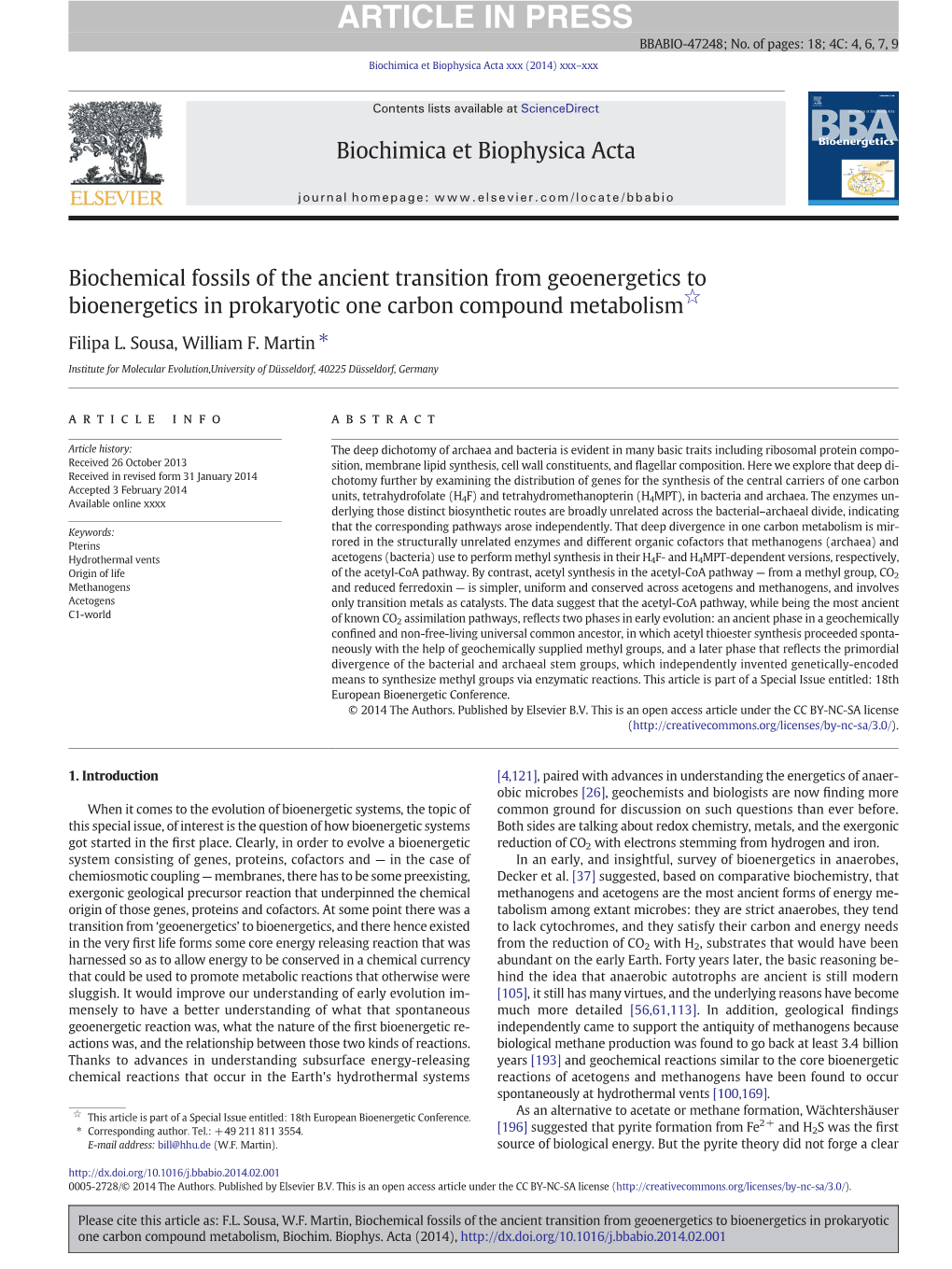 Biochemical Fossils of the Ancient Transition from Geoenergetics to Bioenergetics in Prokaryotic One Carbon Compound Metabolism☆