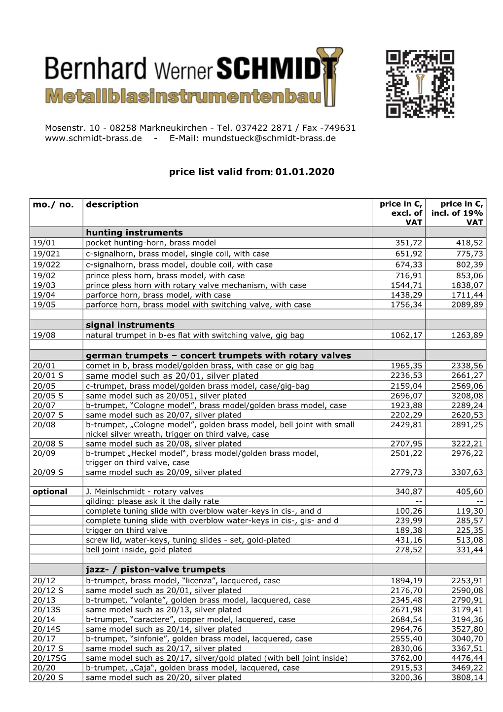 Price List Valid From: 01.01.2020