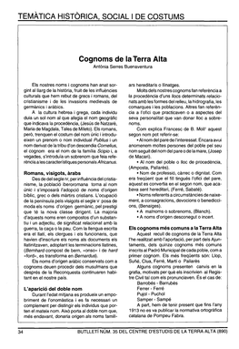 TEMATICA HISTORICA, SOCIAL I DE COSTUMS Cognoms De La Terra Alta