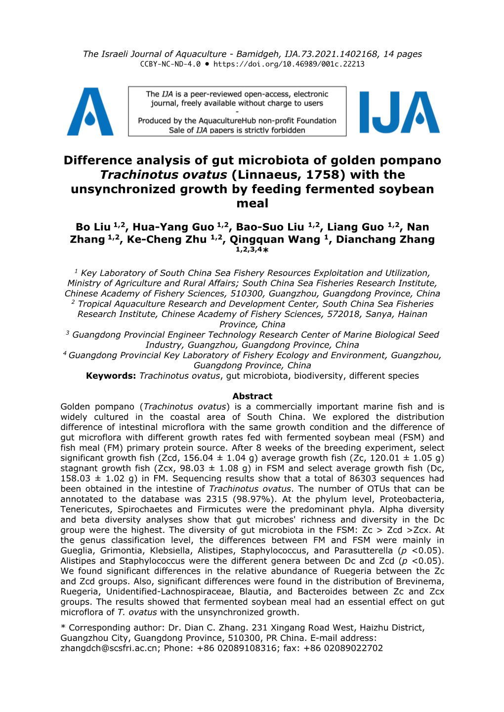 Difference Analysis of Gut Microbiota of Golden Pompano Trachinotus Ovatus (Linnaeus, 1758) with the Unsynchronized Growth by Feeding Fermented Soybean Meal