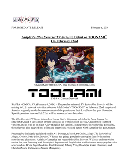 Aniplex's Blue Exorcist TV Series to Debut on TOONAMI on February 22Nd