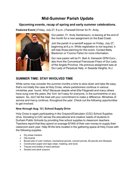 Mid-Summer Parish Update Upcoming Events, Recap of Spring and Early Summer Celebrations