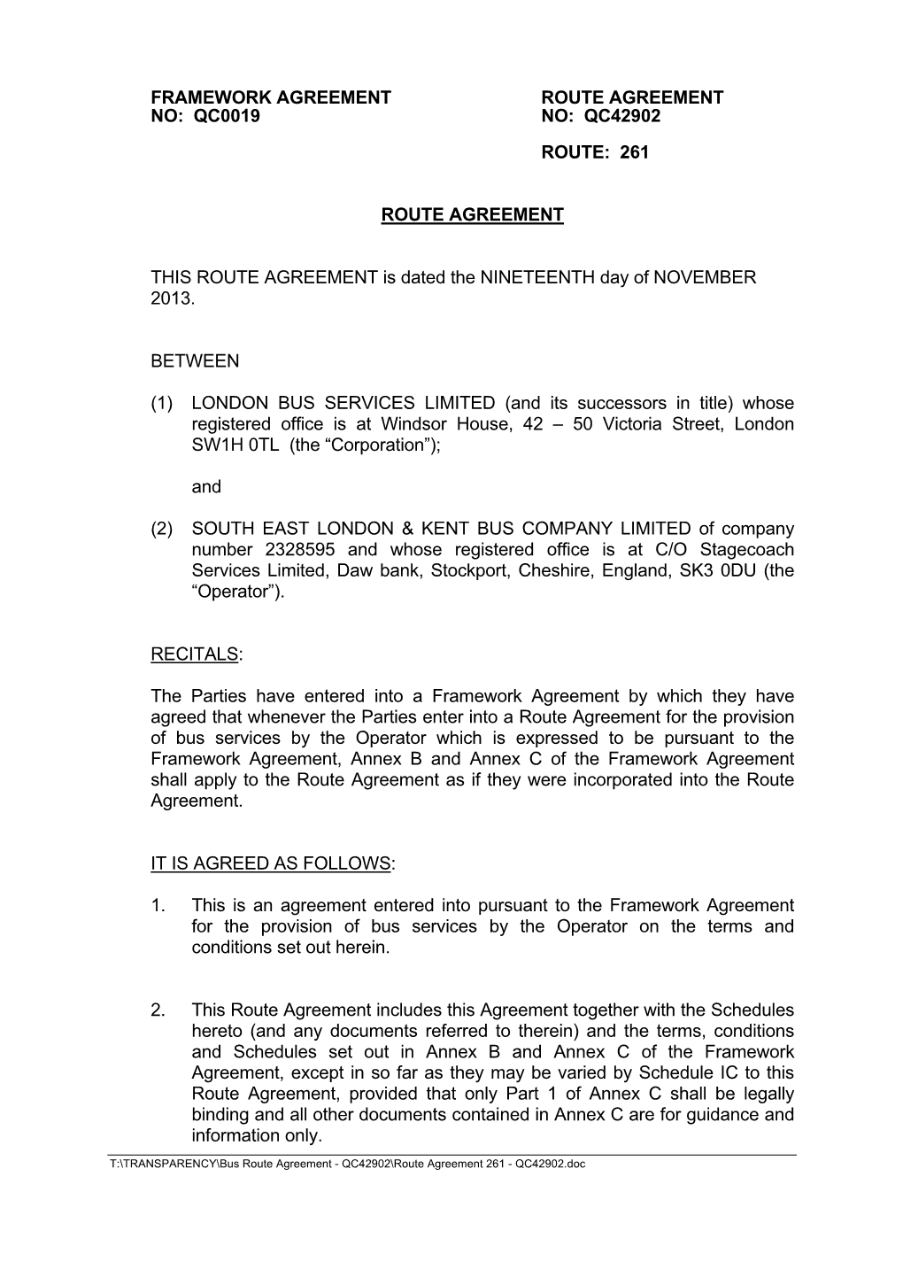 Qc0019 Route Agreement No