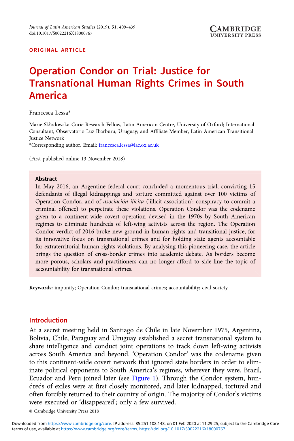 Operation Condor on Trial: Justice for Transnational Human Rights Crimes in South America