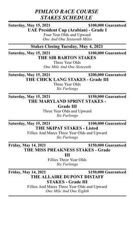 Stakes Schedule