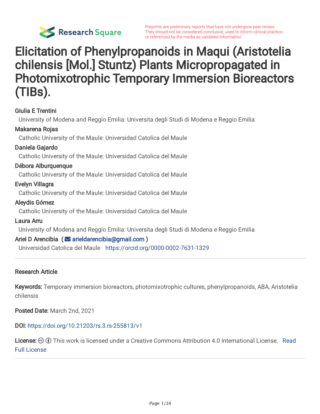 Elicitation of Phenylpropanoids in Maqui (Aristotelia Chilensis [Mol.] Stuntz) Plants Micropropagated in Photomixotrophic Temporary Immersion Bioreactors (Tibs)