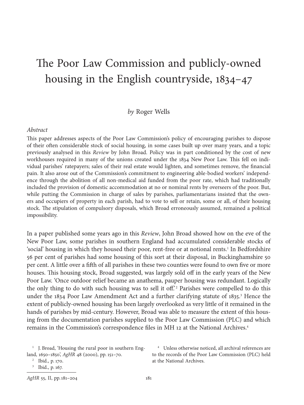 The Poor Law Commission and Publicly-Owned Housing in the English Countryside, 1834–47