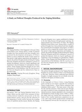 A Study on Political Thoughts Produced in the Taiping Rebellion