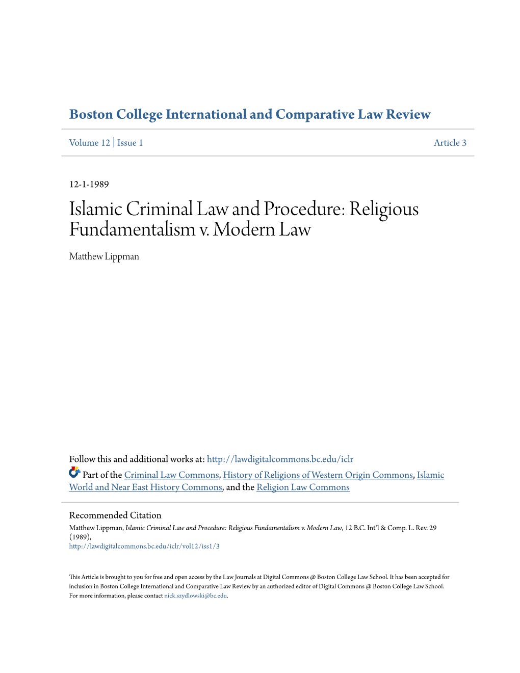 Islamic Criminal Law and Procedure: Religious Fundamentalism V