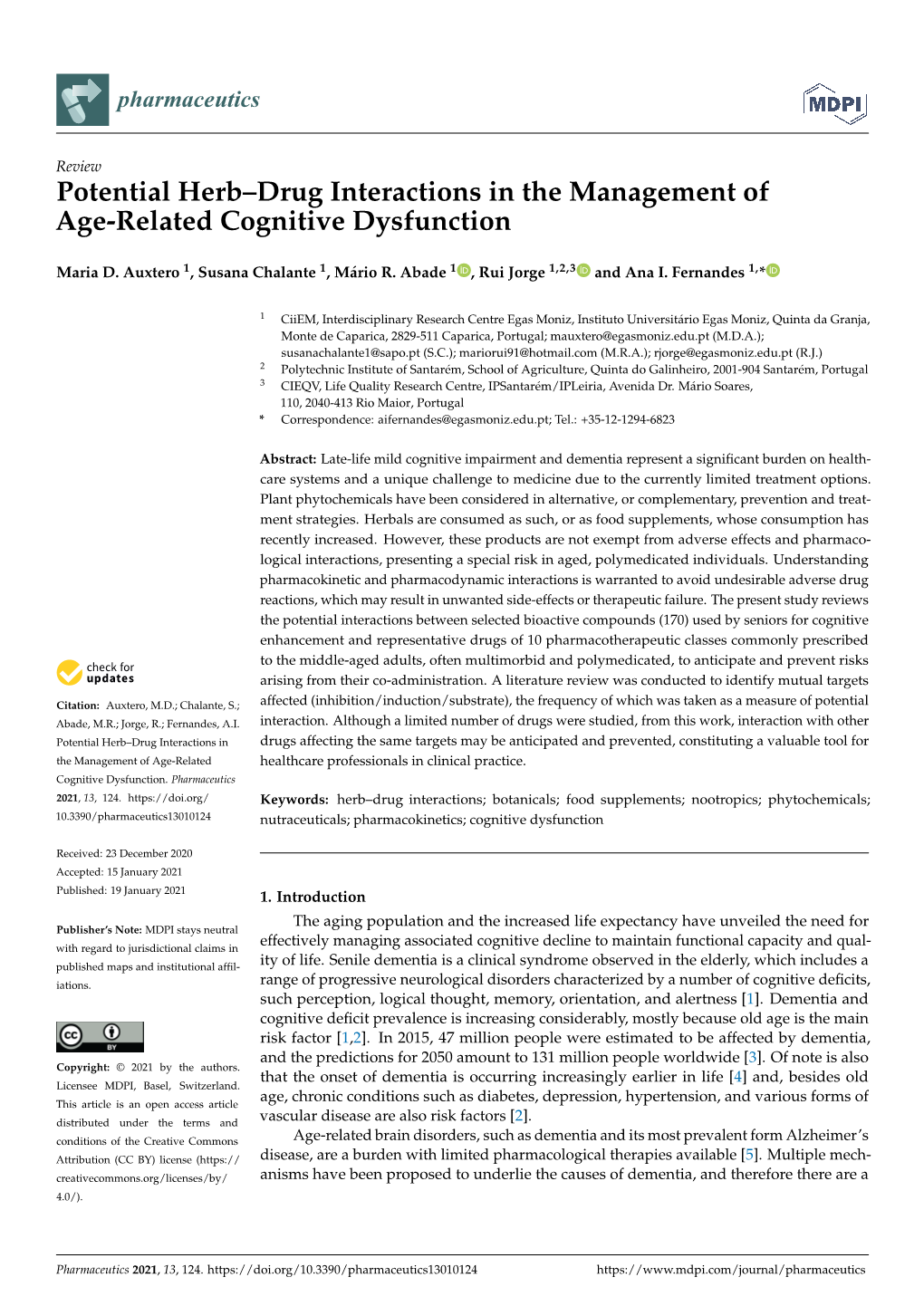 Potential Herb–Drug Interactions in the Management of Age-Related Cognitive Dysfunction