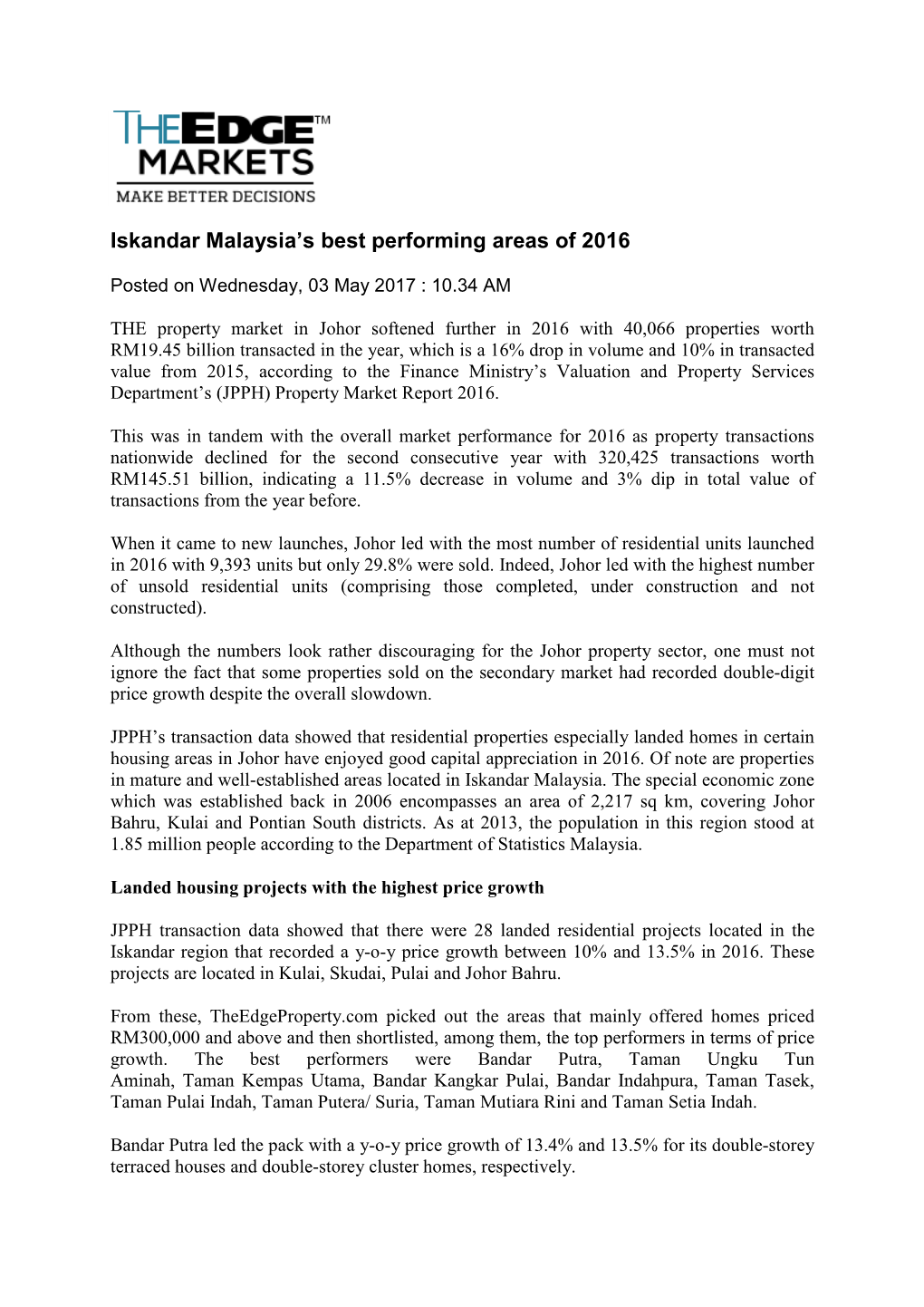 Iskandar Malaysia's Best Performing Areas of 2016