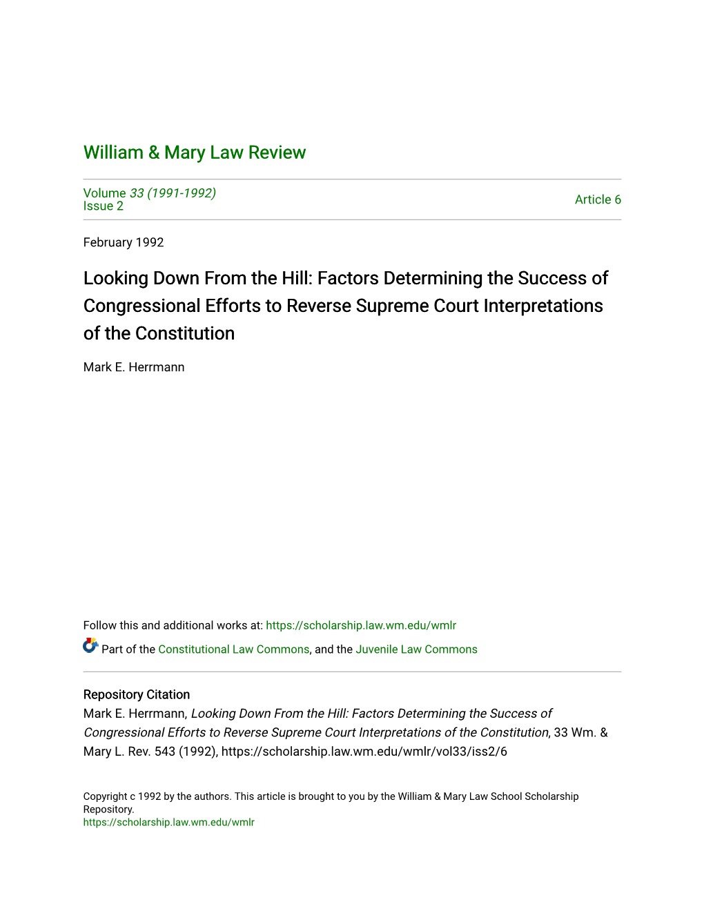 Factors Determining the Success of Congressional Efforts to Reverse Supreme Court Interpretations of the Constitution