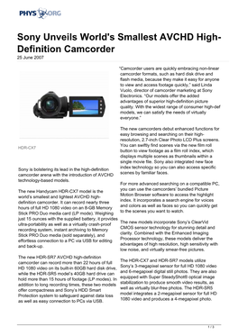 Sony Unveils World's Smallest AVCHD High-Definition Camcorder (2007, June 25)