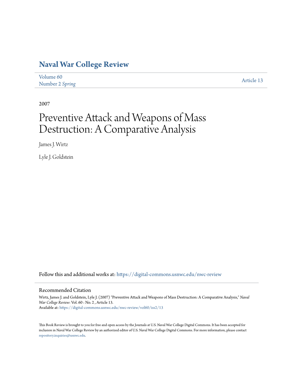 Preventive Attack and Weapons of Mass Destruction: a Comparative Analysis James J